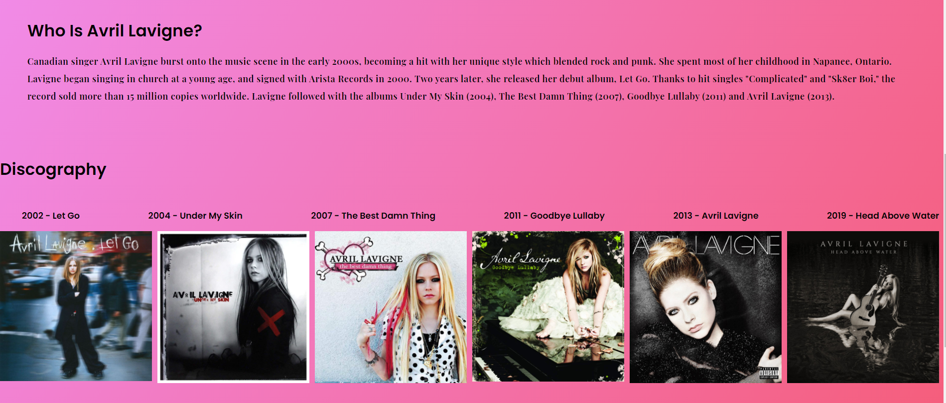 Avril Lavigne tribute page preview